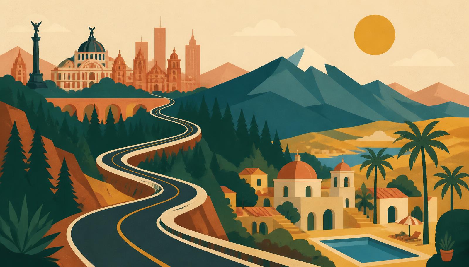 Ilustración de la carretera de la Ciudad de México a Cuernavaca cruzando la montaña
