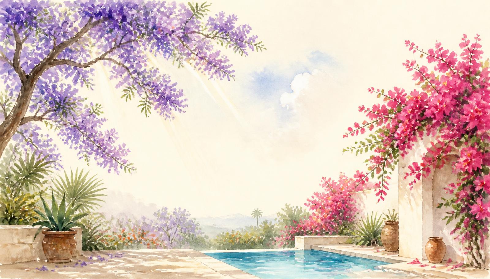 Ilustración en acuarela de un jardín de Morelos con jacarandas, bugambilias y alberca