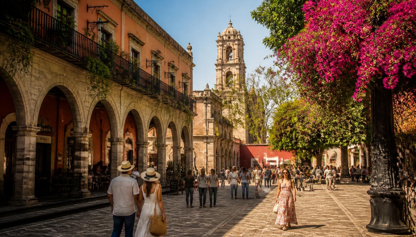 Portales del centro histórico de Cuernavaca con bugambilias en flor